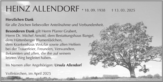 Traueranzeige von Heinz Allendorf von Wetzlarer Neue Zeitung