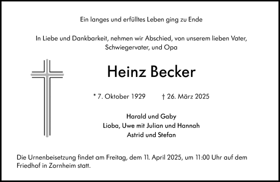 Traueranzeige von Heinz Becker von Allgemeine Zeitung Mainz