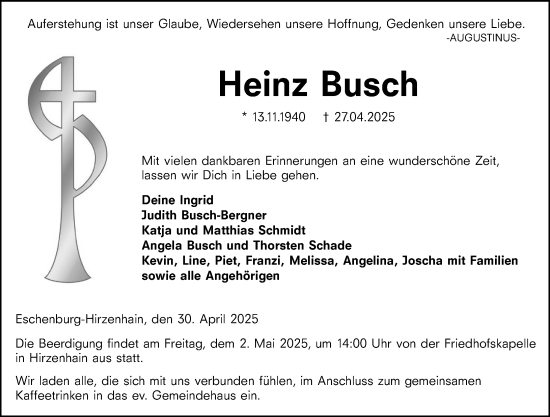 Traueranzeige von Heinz Busch von Dill Block