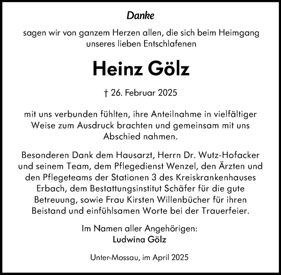 Traueranzeige von Heinz Gölz von Odenwälder Echo
