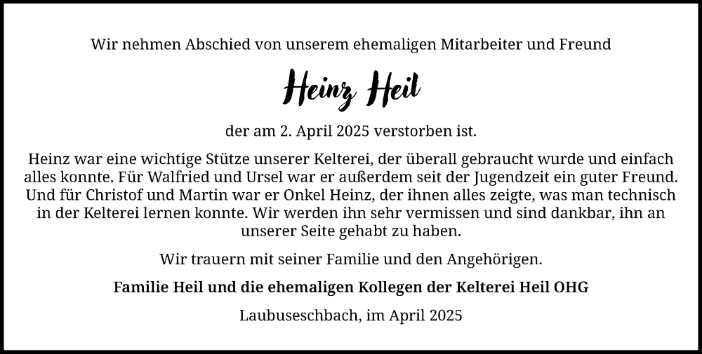  Traueranzeige für Heinz Heil vom 25.04.2025 aus Weilburger Tageblatt