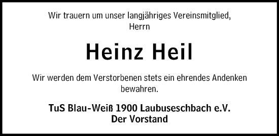 Traueranzeige von Heinz Heil von Weilburger Tageblatt