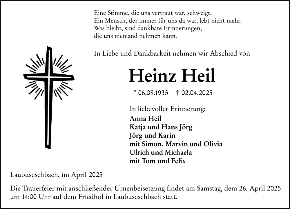  Traueranzeige für Heinz Heil vom 23.04.2025 aus Weilburger Tageblatt