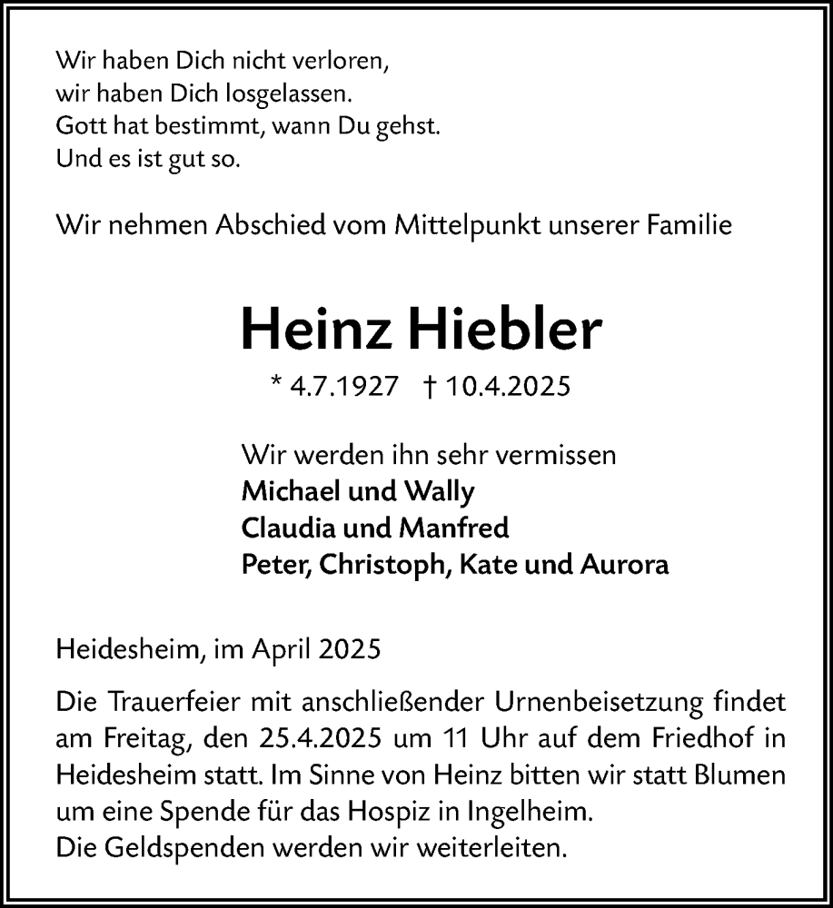  Traueranzeige für Heinz Hiebler vom 19.04.2025 aus Allgemeine Zeitung Mainz