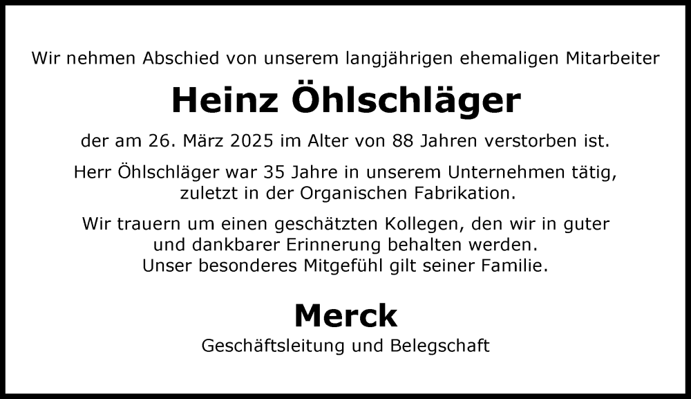  Traueranzeige für Heinz Ohlschläger vom 12.04.2025 aus Darmstädter Echo