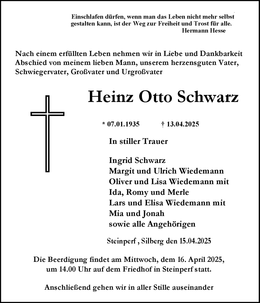  Traueranzeige für Heinz Otto Schwarz vom 15.04.2025 aus Hinterländer Anzeiger