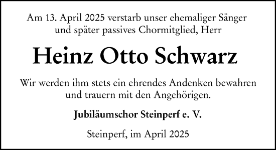 Traueranzeige von Heinz Otto Schwarz von Hinterländer Anzeiger