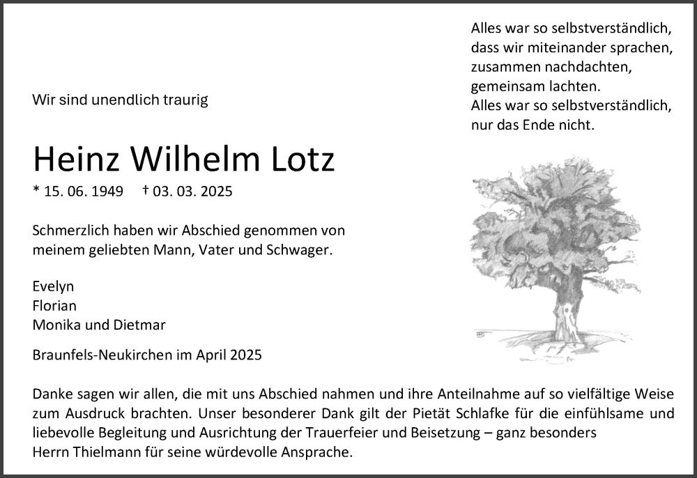  Traueranzeige für Heinz Wilhelm Lotz vom 12.04.2025 aus Wetzlarer Neue Zeitung