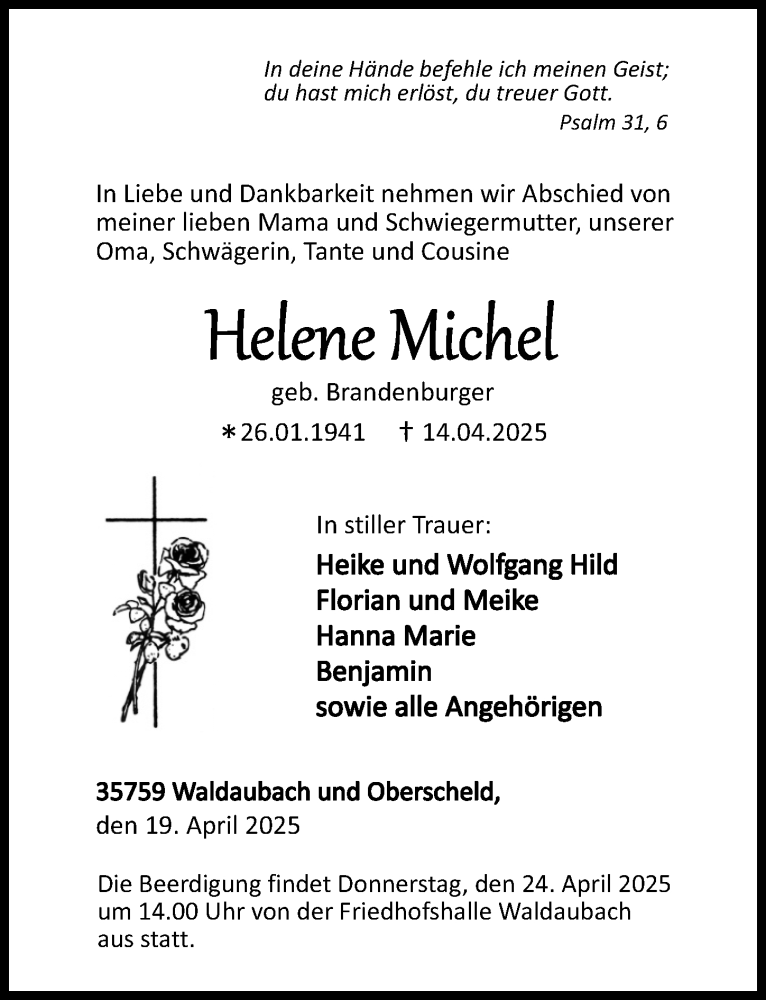  Traueranzeige für Helene Michel vom 19.04.2025 aus Dill Block