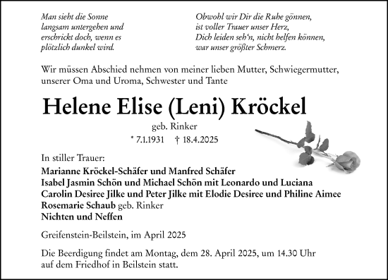 Traueranzeige von Helene Elise Kröckel von Dill Block