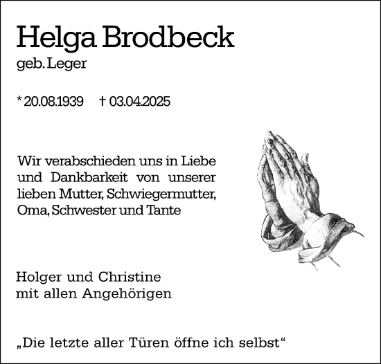 Traueranzeige von Helga Brodbeck von Allgemeine Zeitung Mainz