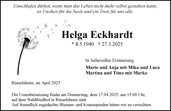 Traueranzeige von Helga Eckhardt von Rüsselsheimer Echo