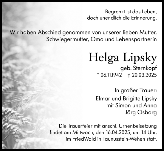 Traueranzeige von Helga Lipsky von Wiesbadener Kurier