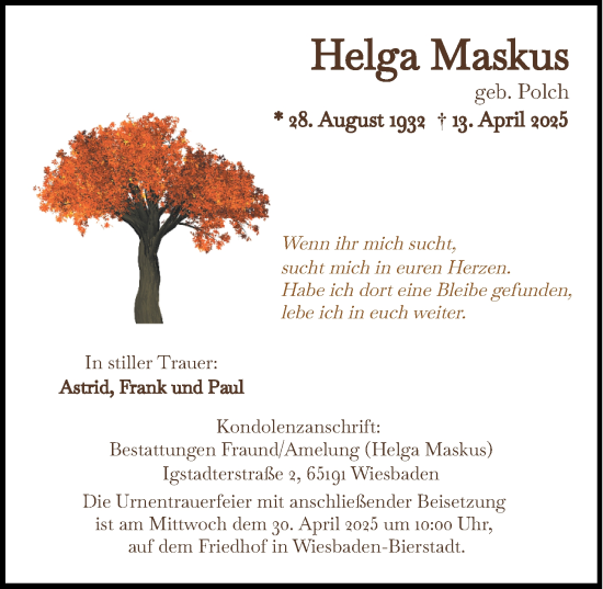 Traueranzeige von Helga Maskus von Wiesbadener Kurier