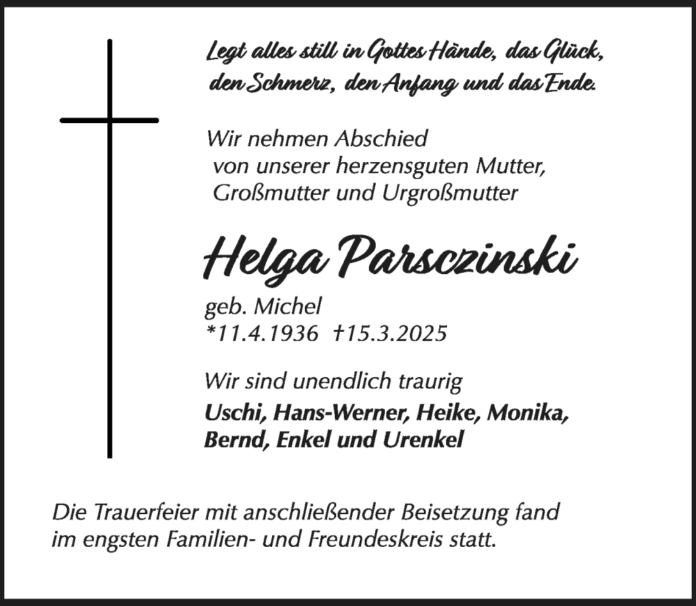  Traueranzeige für Helga Parszcinski vom 05.04.2025 aus Groß-Gerauer Echo