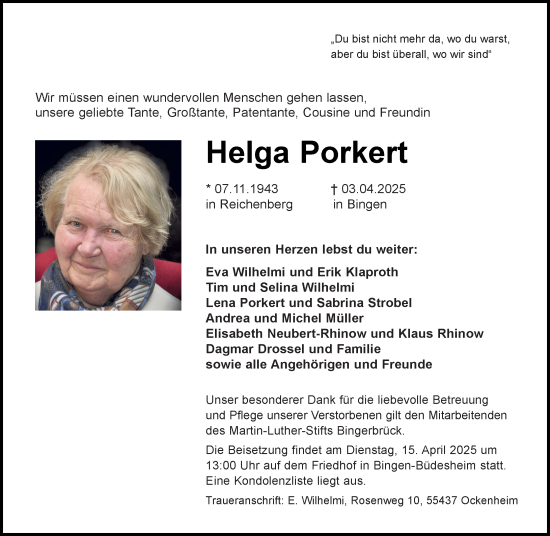 Traueranzeige von Helga Porkert von Allgemeine Zeitung Rheinhessen-Nahe