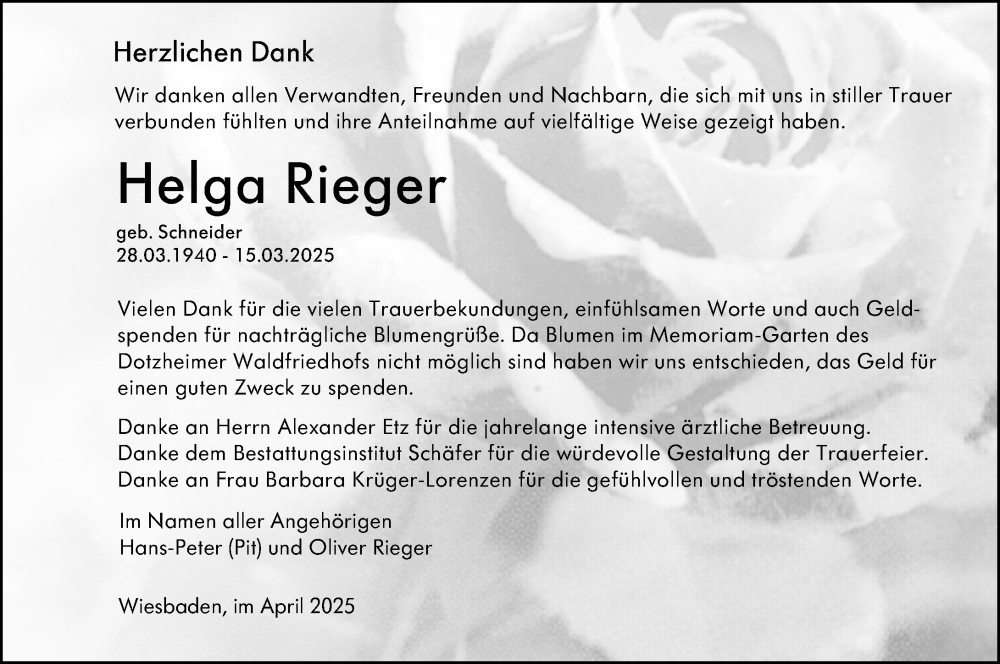  Traueranzeige für Helga Rieger vom 05.04.2025 aus Wiesbadener Kurier
