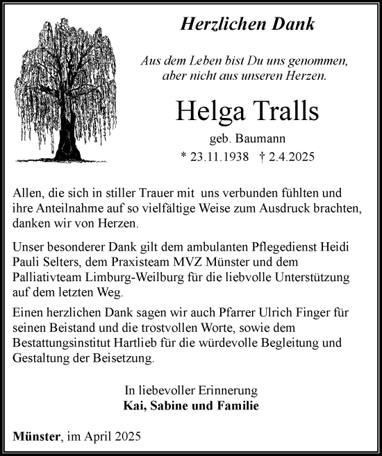 Traueranzeige von Helga Tralls von Weilburger Tageblatt