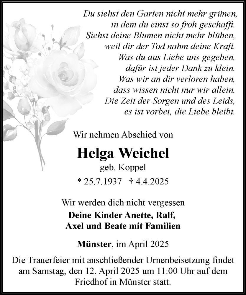  Traueranzeige für Helga Weichel vom 10.04.2025 aus Camberger Anzeiger