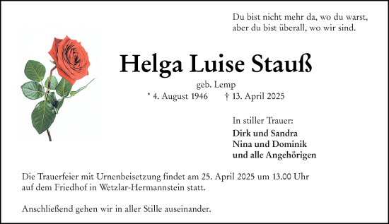 Traueranzeige von Helga Luise Stauß von Wetzlarer Neue Zeitung