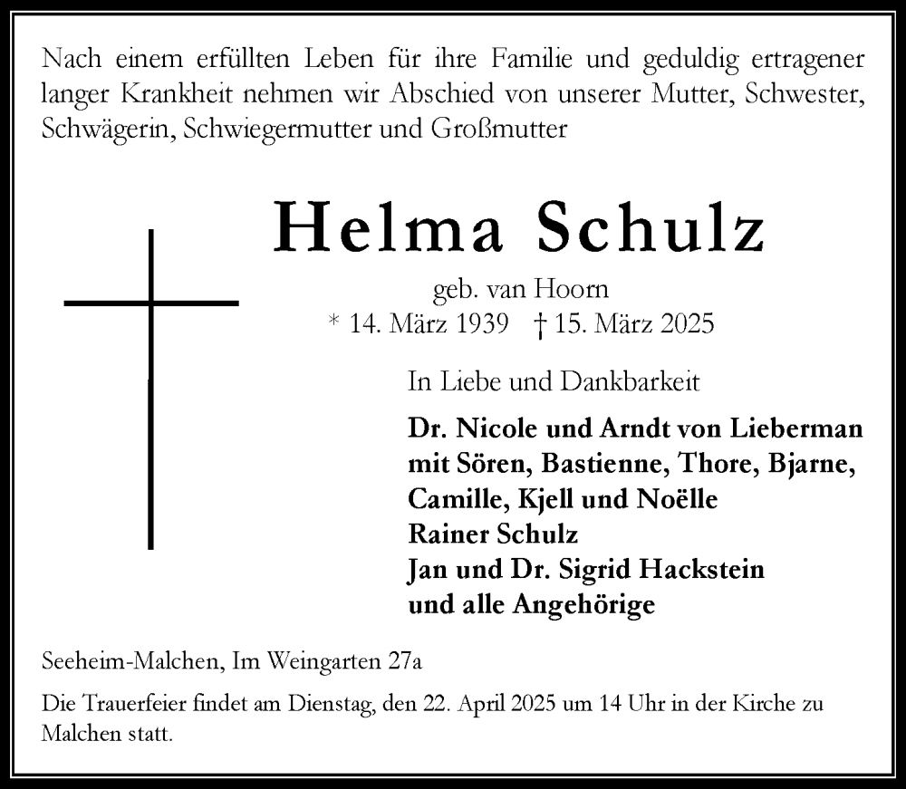  Traueranzeige für Helma Schulz vom 19.04.2025 aus Darmstädter Echo