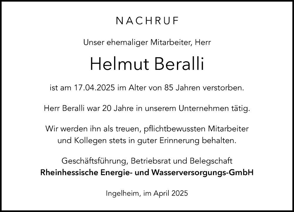  Traueranzeige für Helmut Beralli vom 26.04.2025 aus Allgemeine Zeitung Rheinhessen-Nahe
