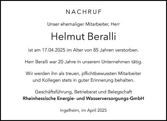 Traueranzeige von Helmut Beralli von Allgemeine Zeitung Rheinhessen-Nahe