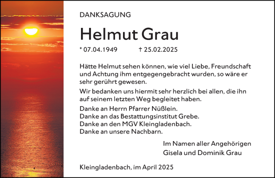 Traueranzeige von Helmut Grau von Hinterländer Anzeiger