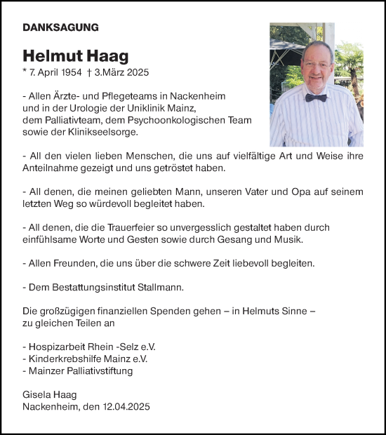 Traueranzeige von Helmut Haag von Allgemeine Zeitung Mainz
