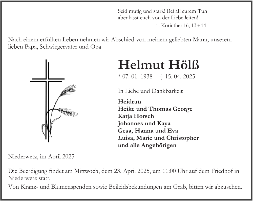  Traueranzeige für Helmut Hölß vom 19.04.2025 aus Wetzlarer Neue Zeitung