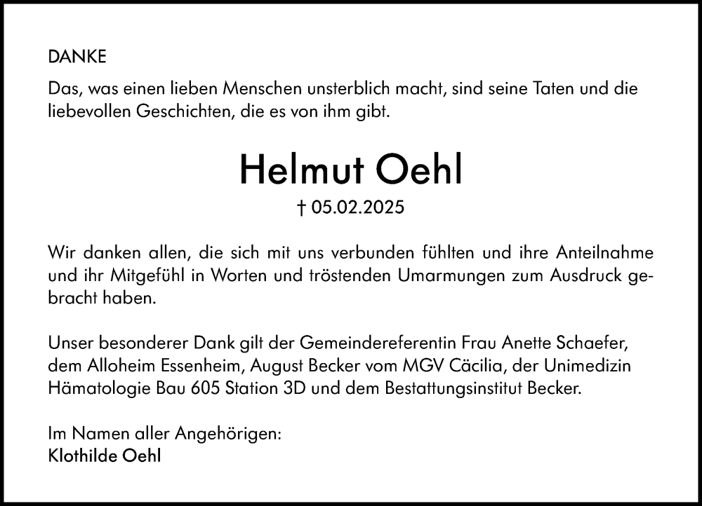  Traueranzeige für Helmut Oehl vom 12.04.2025 aus Allgemeine Zeitung Mainz