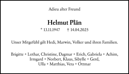 Traueranzeige von Helmut Plän von Allgemeine Zeitung Mainz