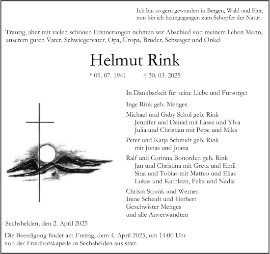 Traueranzeige von Helmut Rink von Dill Block