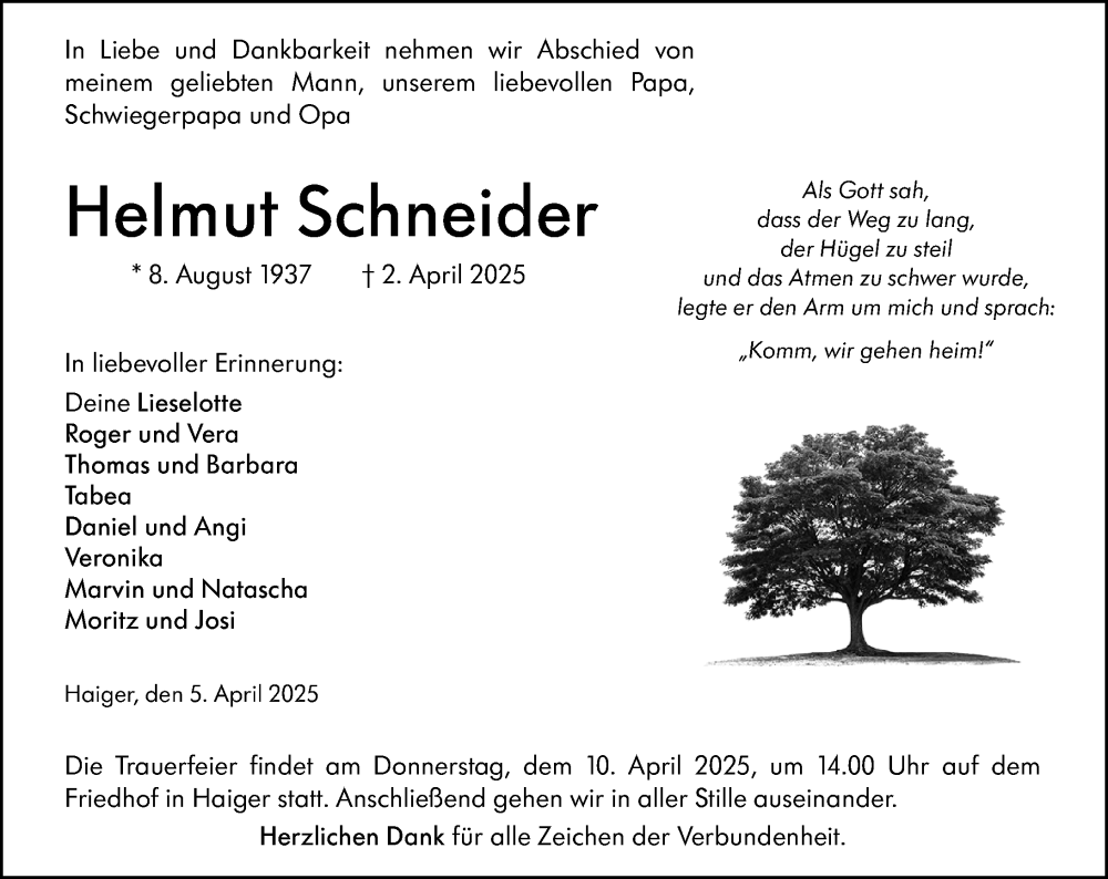  Traueranzeige für Helmut Schneider vom 05.04.2025 aus Dill Block