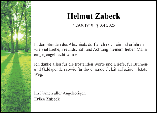 Traueranzeige von Helmut Zabeck von Rüsselsheimer Echo