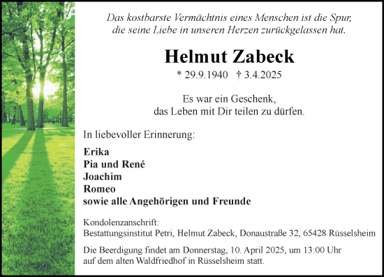 Traueranzeige von Helmut Zabeck von Rüsselsheimer Echo