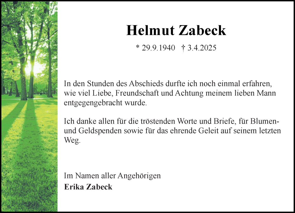  Traueranzeige für Helmut Zabeck vom 26.04.2025 aus Rüsselsheimer Echo