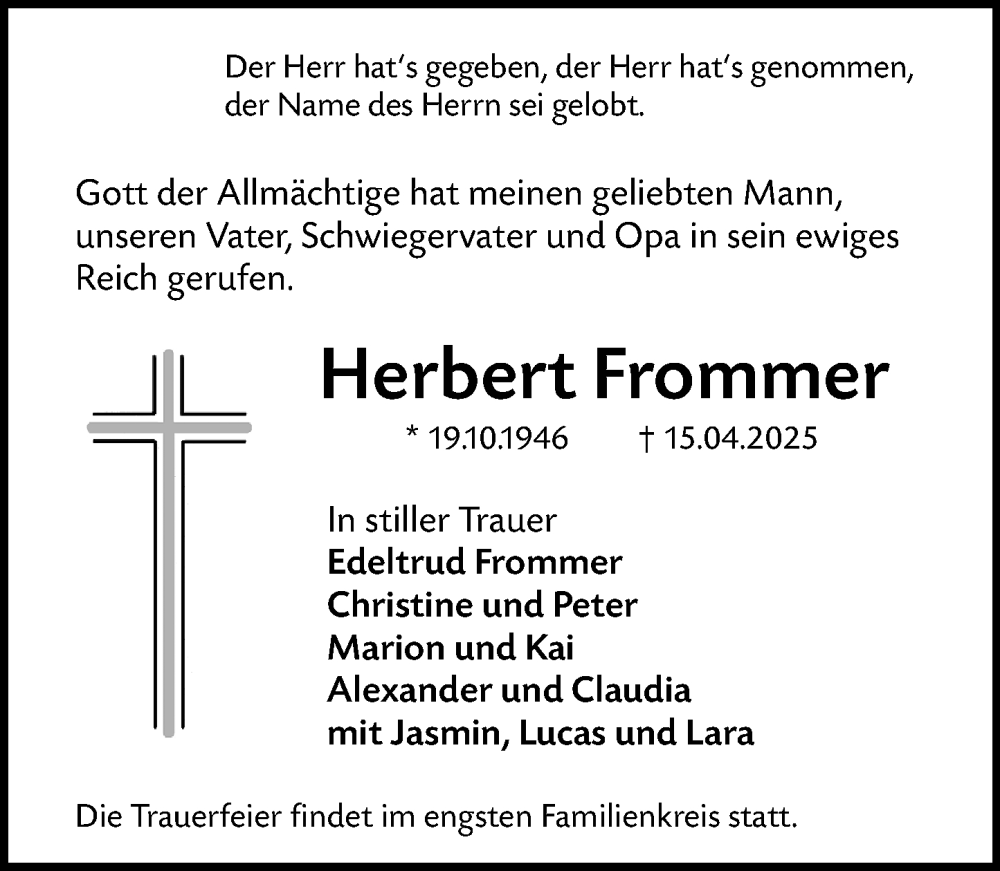  Traueranzeige für Herbert Frommer vom 19.04.2025 aus Wiesbadener Kurier