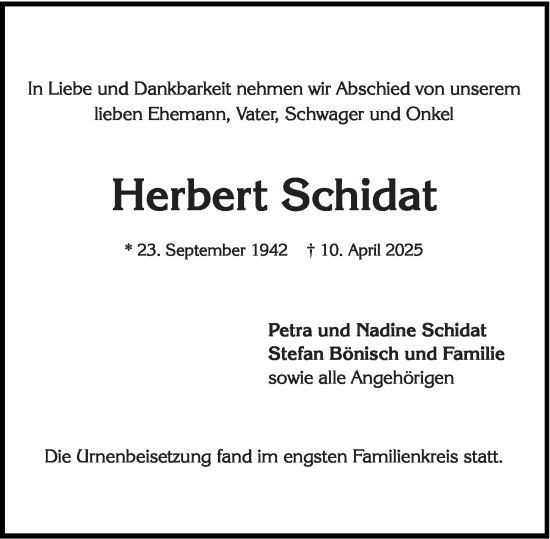 Traueranzeige von Herbert Schidat von Wiesbadener Kurier