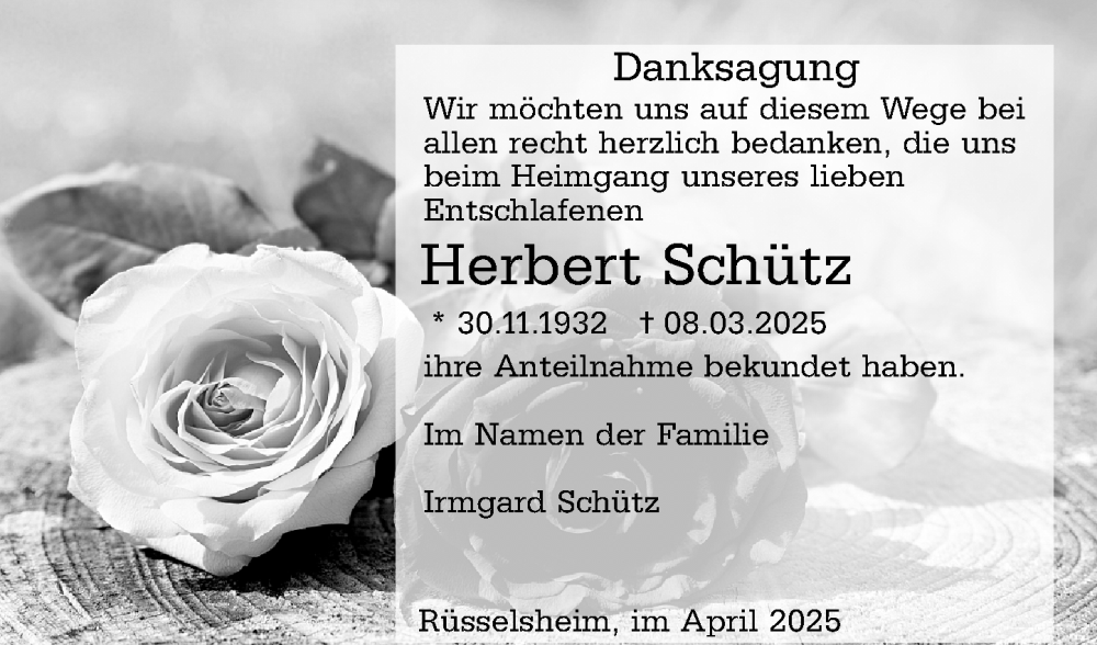  Traueranzeige für Herbert Schütz vom 19.04.2025 aus Rüsselsheimer Echo