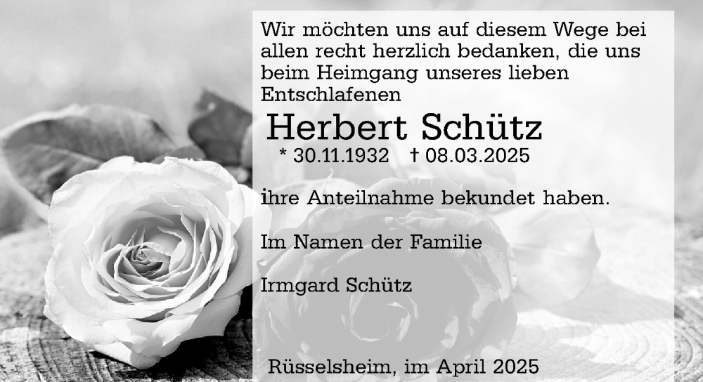  Traueranzeige für Herbert Schütz vom 15.04.2025 aus Rüsselsheimer Echo