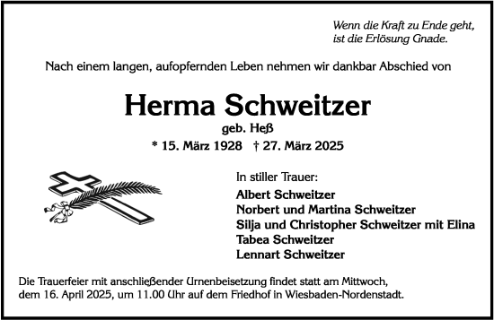 Traueranzeige von Herma Schweitzer von Wiesbadener Kurier