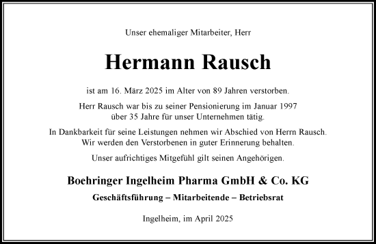 Traueranzeige von Hermann Rausch von Allgemeine Zeitung Rheinhessen-Nahe