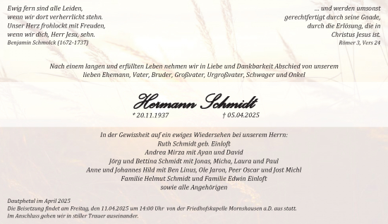 Traueranzeige von Hermann Schmidt von Hinterländer Anzeiger