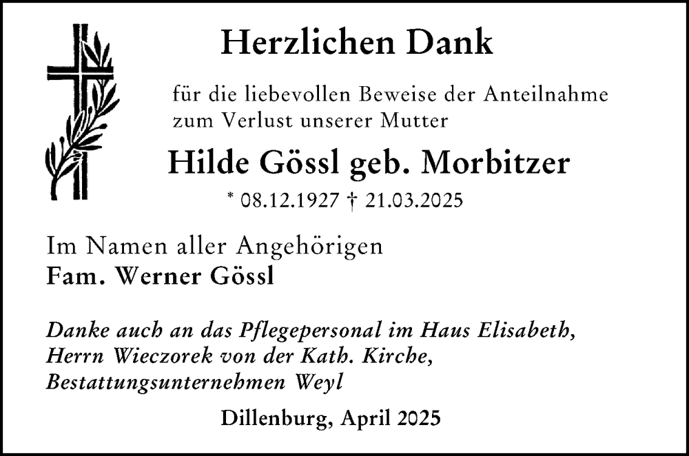  Traueranzeige für Hilde Gössl vom 26.04.2025 aus Dill Block