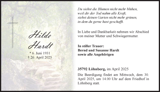 Traueranzeige von Hilde Hardt von Weilburger Tageblatt