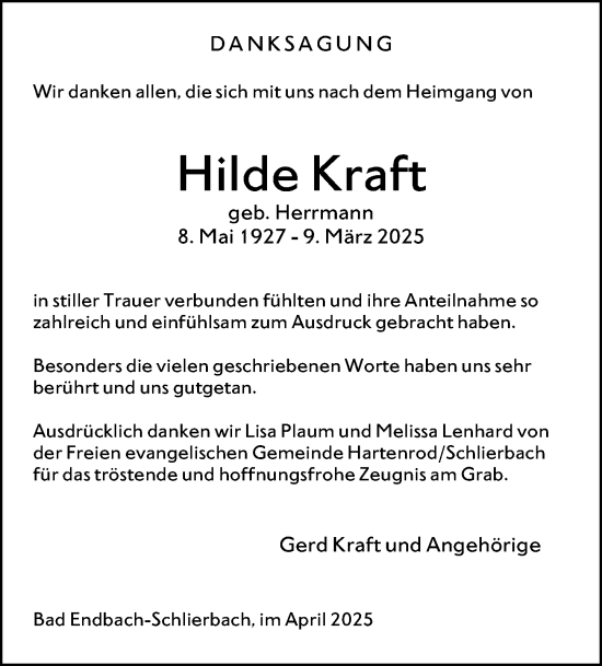 Traueranzeige von Hilde Kraft von Hinterländer Anzeiger