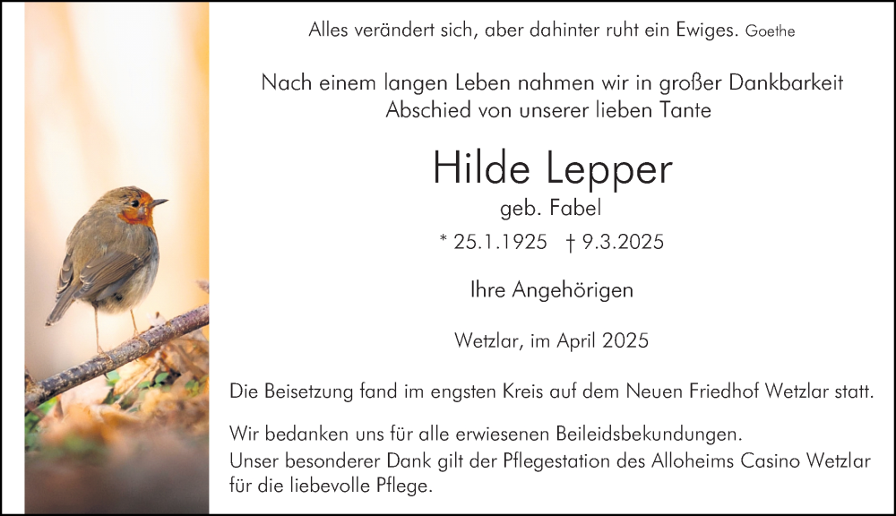  Traueranzeige für Hilde Lepper vom 05.04.2025 aus Wetzlarer Neue Zeitung