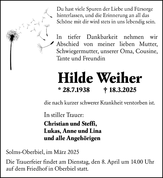 Traueranzeige von Hilde Weiher von Wetzlarer Neue Zeitung