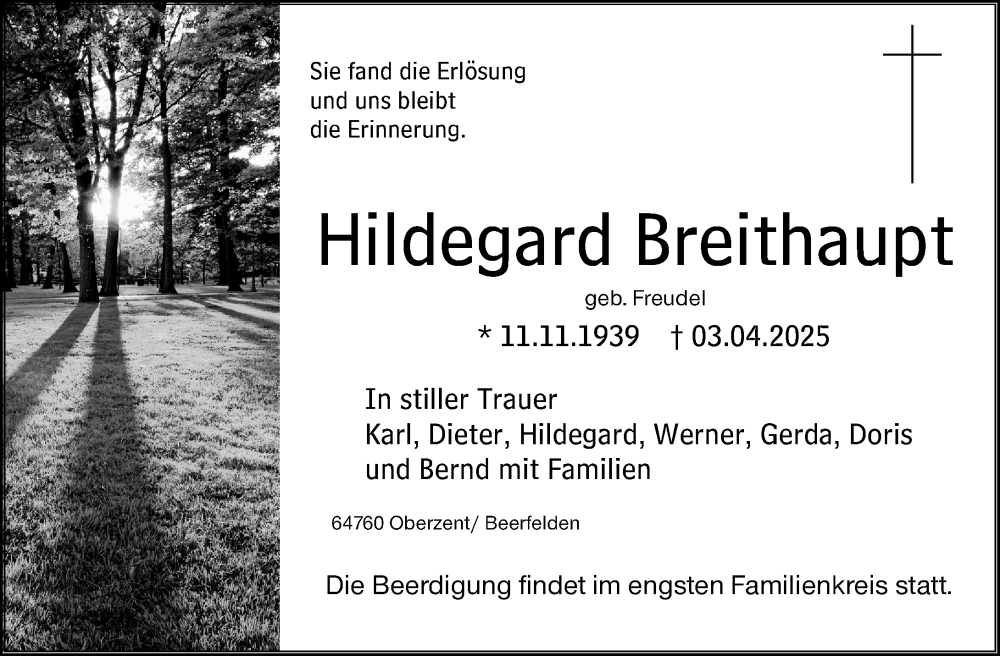  Traueranzeige für Hildegard Breithaupt vom 12.04.2025 aus Odenwälder Echo